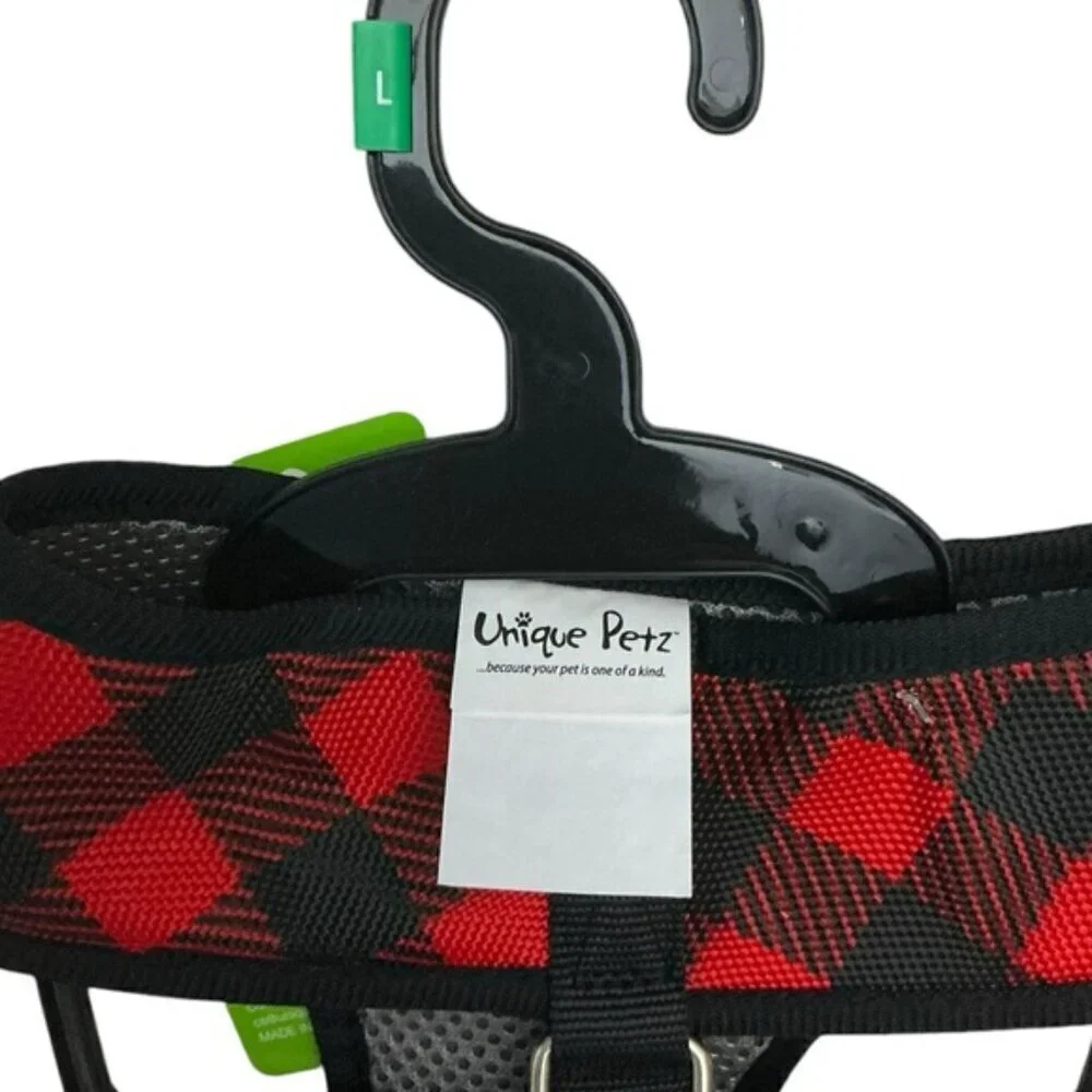 Unique Petz Dog Large Harness Red Black Tartan Plaid Comfy Adjustable SZ L